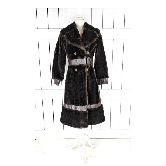 Vintage brown faux fur leather long chunky winter coat made in England